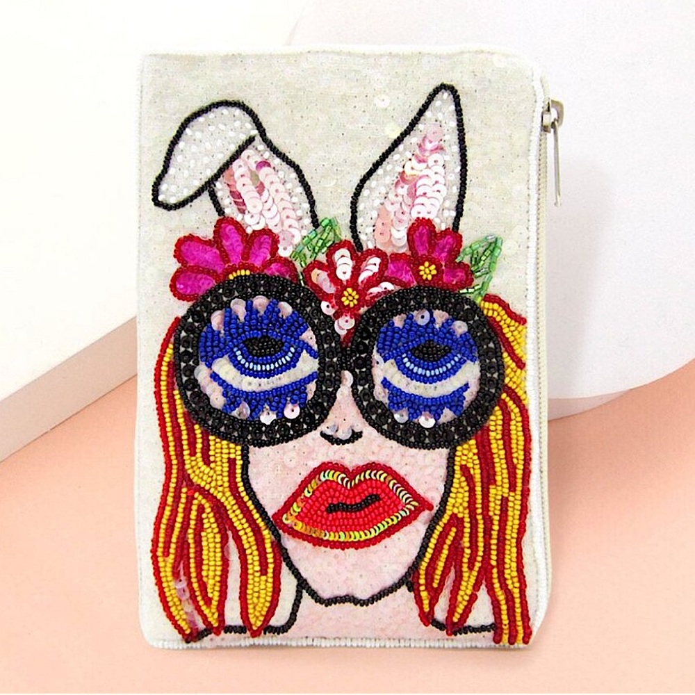 Anthropologie Beaded Bunny Face Crossbody Bag - White, Red, Blue, Yellow, Pink